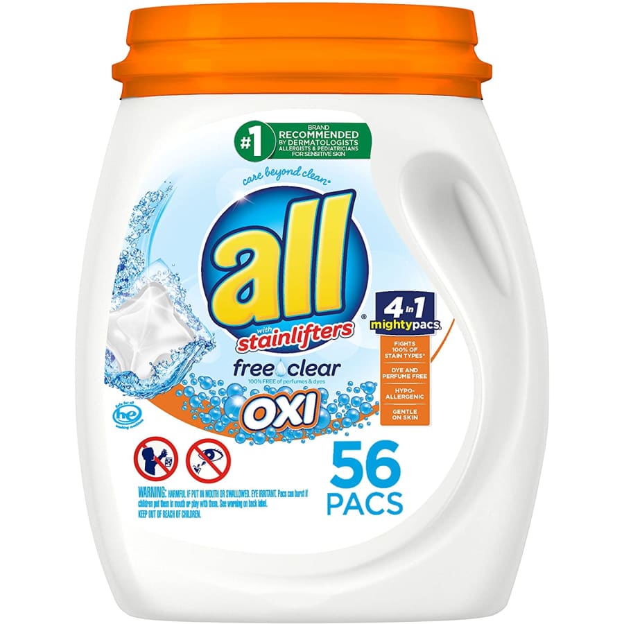 All Detergent All Mighty Pacs Laundry Detergent w/ Oxi Stain Removers & Whiteners 56-Ct. Tub for $14