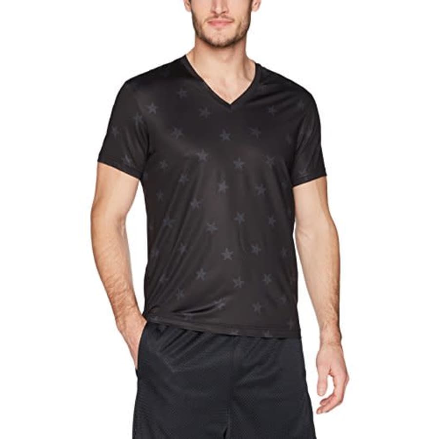 2(X)IST Men's Performance Mesh V-Neck T-Shirt, Star Patch Print/Black, Small for $20