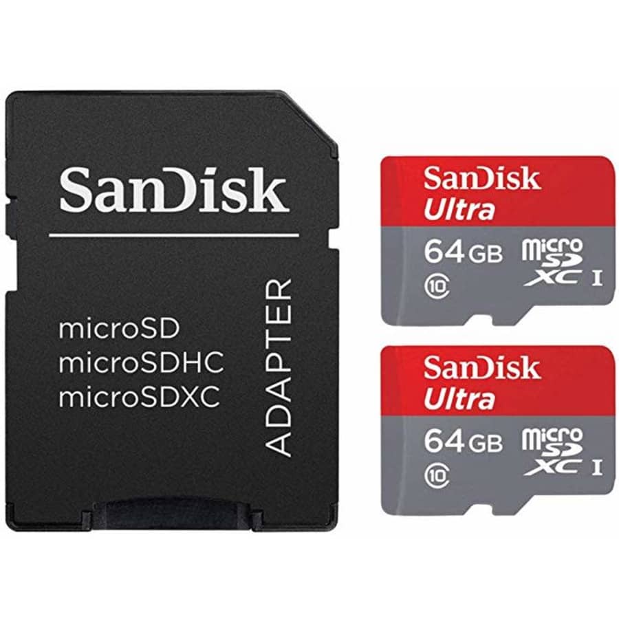 SanDisk 64GB UHS-I Class 10 microSDXC Card 2-Pack w/ Adapter for $20 SanDisk 64GB UHS-I Class 10 microSDXC Card 2-Pack w/ Adapter for $20