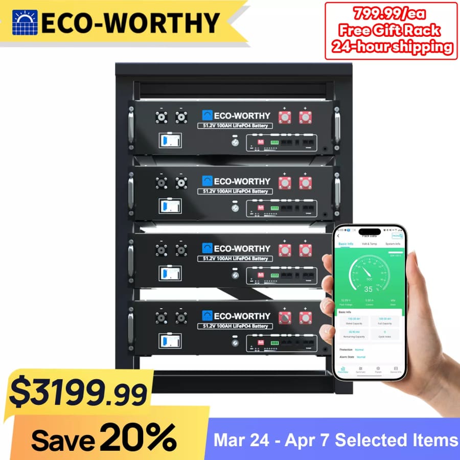 Eco-Worthy 20.48kWh 48V 100AH Server Rack LiFePO4 Lithium Battery 4-Pack for $3,200