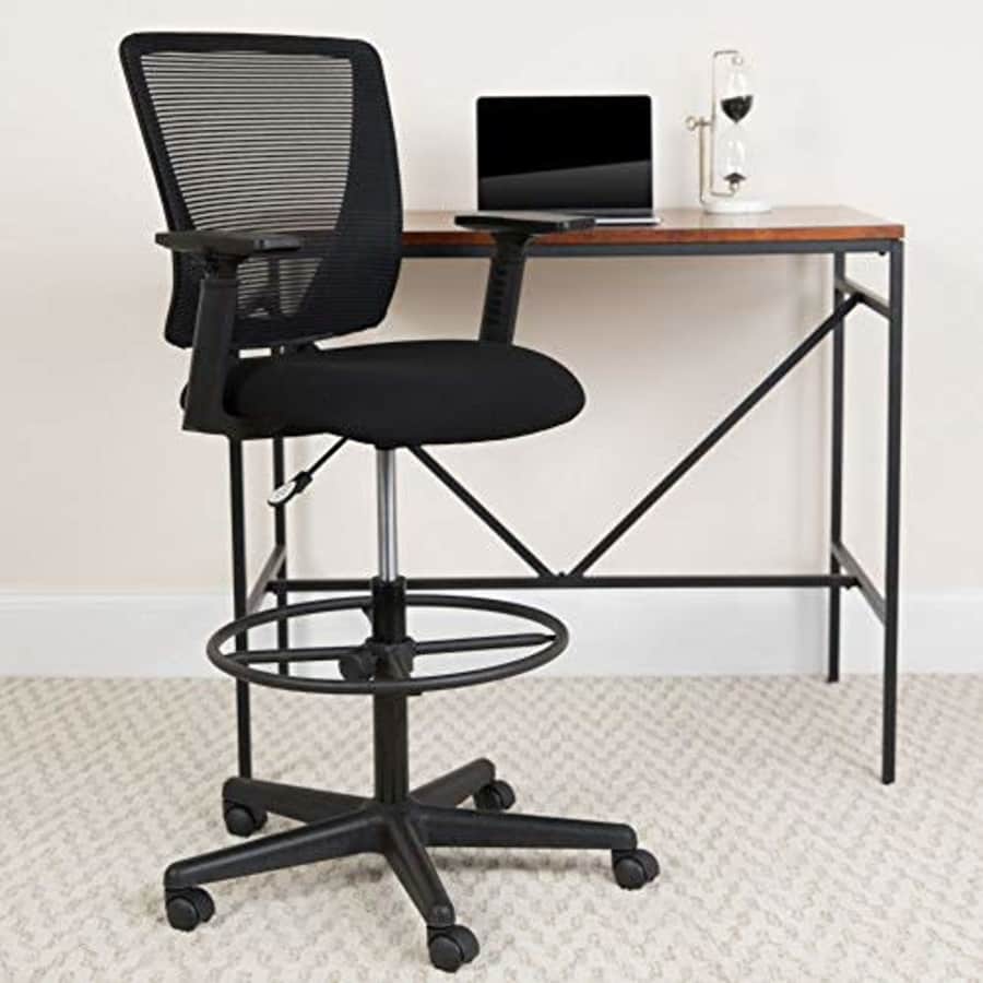 Flash Furniture Ergonomic Mid-Back Mesh Drafting Chair with Black Fabric Seat, Adjustable Foot Ring for $128 Flash Furniture Ergonomic Mid-Back Mesh Drafting Chair with Black Fabric Seat, Adjustable Foot Ring for $128