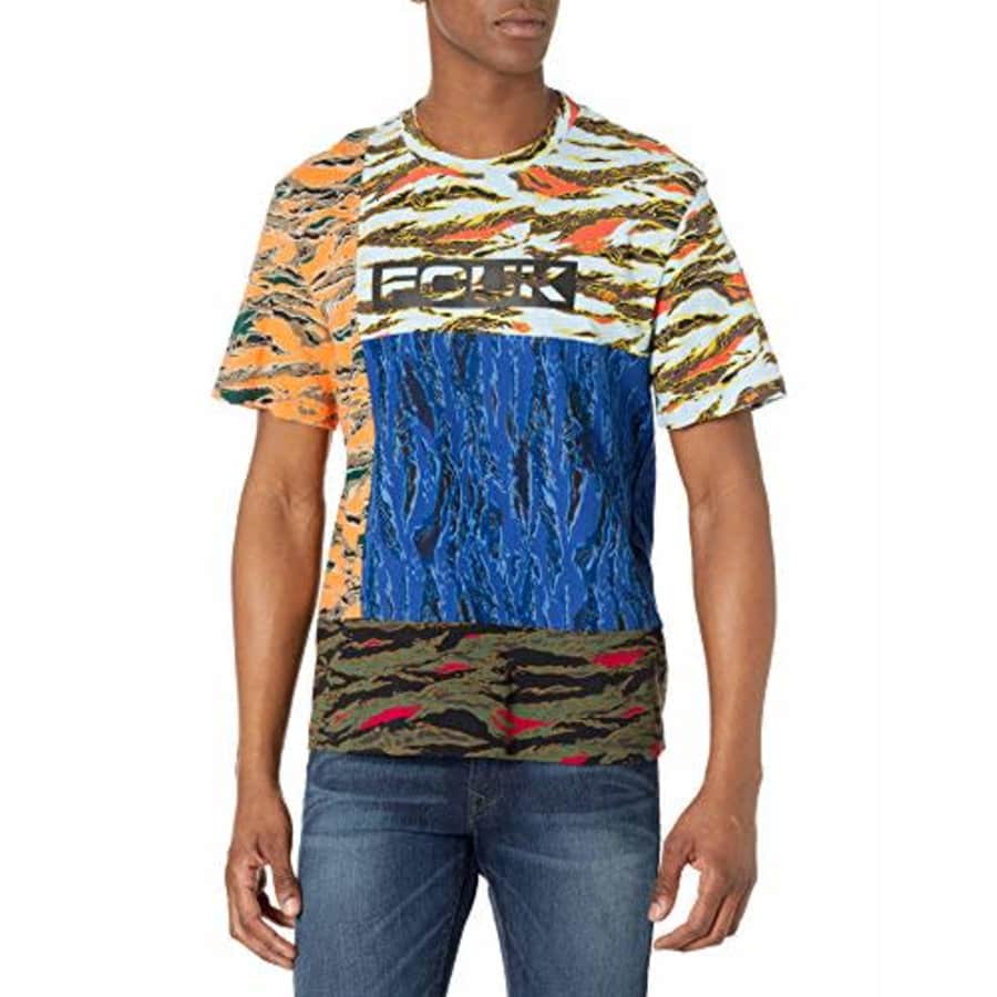 French Connection Men's FCUK T-Shirt, Cerulean Blue Patchwork, M for $41