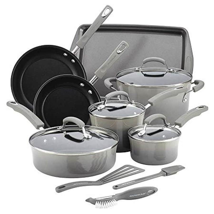 Rachael Ray Hard Enamel Cookware Set 14 Piece Sea Salt Gray for $150 Rachael Ray Hard Enamel Cookware Set 14 Piece Sea Salt Gray for $150