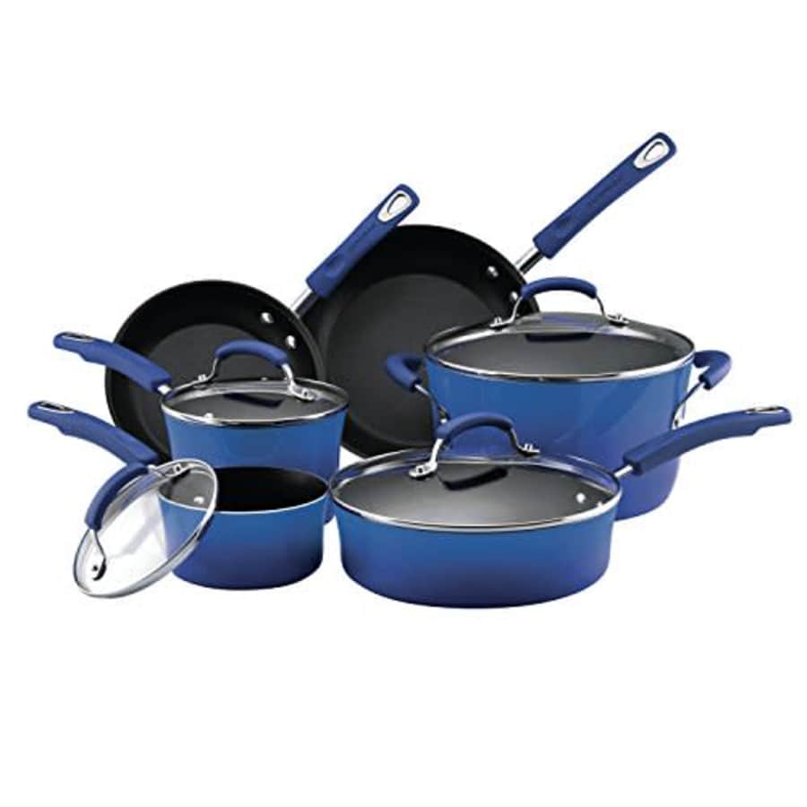 Rachael Ray Brights Nonstick Cookware Pots and Pans Set, 10 Piece, Blue Gradient for $183 Rachael Ray Brights Nonstick Cookware Pots and Pans Set, 10 Piece, Blue Gradient for $183