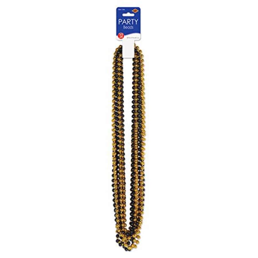 Beistle Beads Necklaces 12 Piece Mardi Gras Party Supplies, 33", Black/Gold for $5
