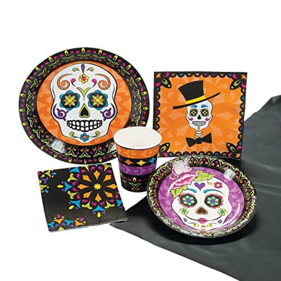 Fun Express Day of the Dead Party Kit Tableware for 8 Guests (57 total pieces) Halloween Dia de Muertos Party for $21