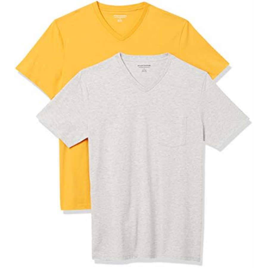 Amazon Essentials Men's 2-Pack Slim-Fit Short-Sleeve V-Neck Pocket T-Shirt, Mango/Light Heather for $9 Amazon Essentials Men's 2-Pack Slim-Fit Short-Sleeve V-Neck Pocket T-Shirt, Mango/Light Heather for $9