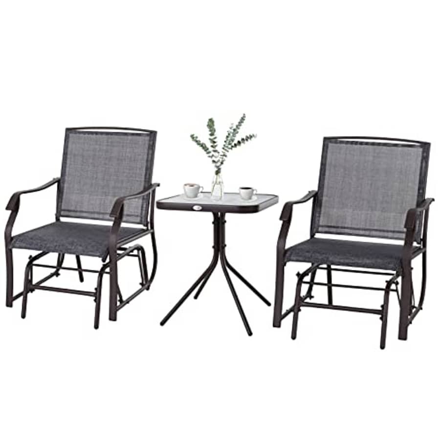 Outsunny 3 Pcs Outdoor Gliders Set Bistro Set with Glass Top Table for Patio, Garden, Backyard, for $176