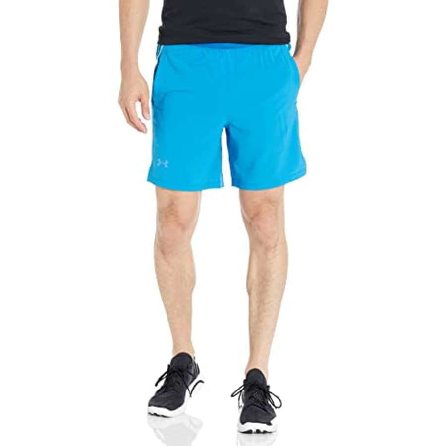Under Armour Men's Launch Stretch Woven 7-Inch Wordmark Shorts, Cruise Blue (899)/Reflective, for $31