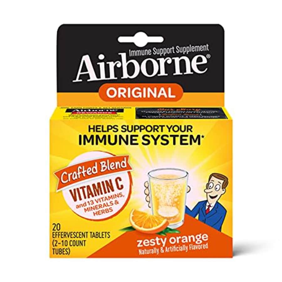 Airborne Vitamin C 1000mg (per serving) - Zesty Orange Effervescent Tablets (20 count in a box), for $14 Airborne Vitamin C 1000mg (per serving) - Zesty Orange Effervescent Tablets (20 count in a box), for $14