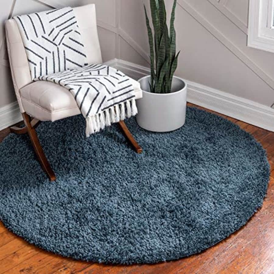 Unique Loom Davos Shag Collection Contemporary Soft Cozy Solid Shag Marine Blue Round Rug (6' 7 x for $72