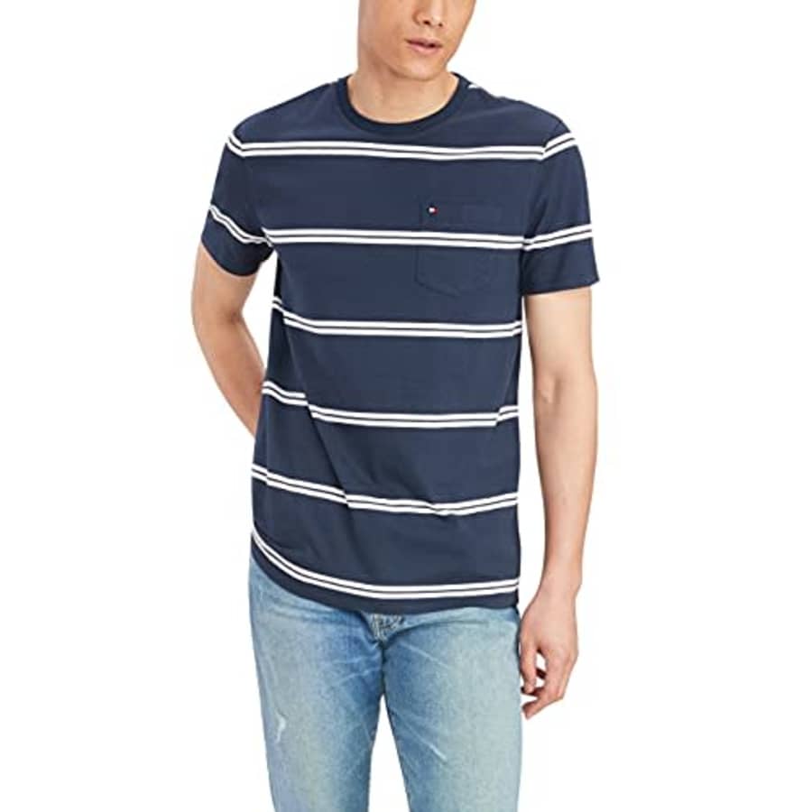 Tommy Hilfiger Men's Short Sleeve Crewneck T Shirt with Pocket, Blue Captain, XS for $24