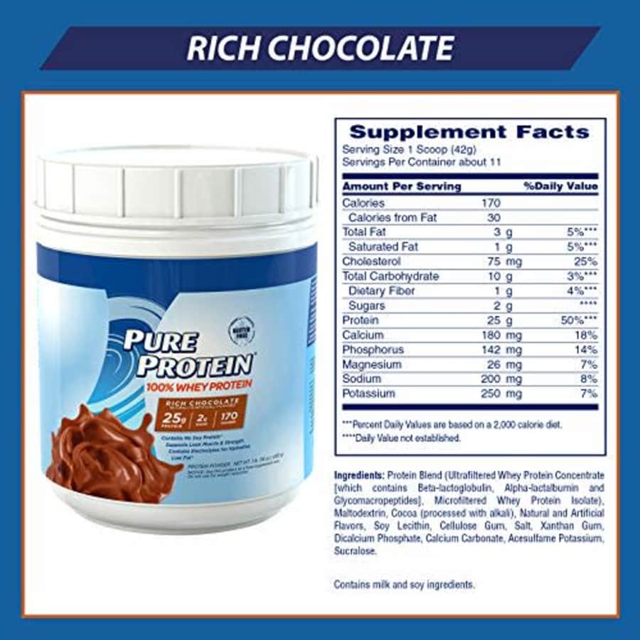 Pure Protein Powder, Whey, High Protein, Low Sugar, Gluten Free, Rich Chocolate, 1 lb for $38 Pure Protein Powder, Whey, High Protein, Low Sugar, Gluten Free, Rich Chocolate, 1 lb for $38