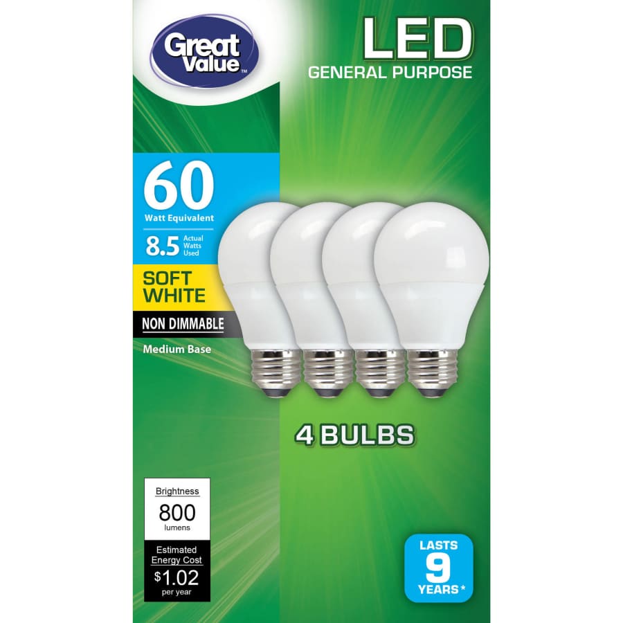 Great Value 60W Equivalent LED Bulbs 4-Pack for $5 Great Value 60W Equivalent LED Bulbs 4-Pack for $5