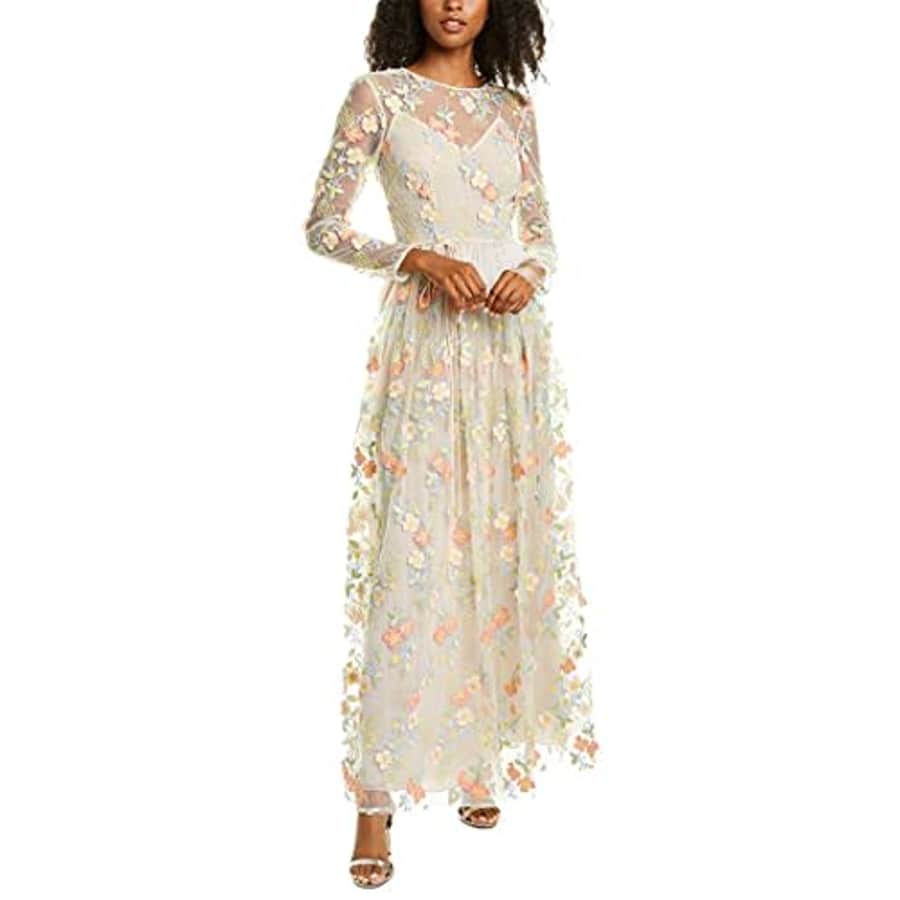 ML Monique Lhuillier Women's Long Sleeve Mesh Gown, Floral Combo, 0 for $308 ML Monique Lhuillier Women's Long Sleeve Mesh Gown, Floral Combo, 0 for $308