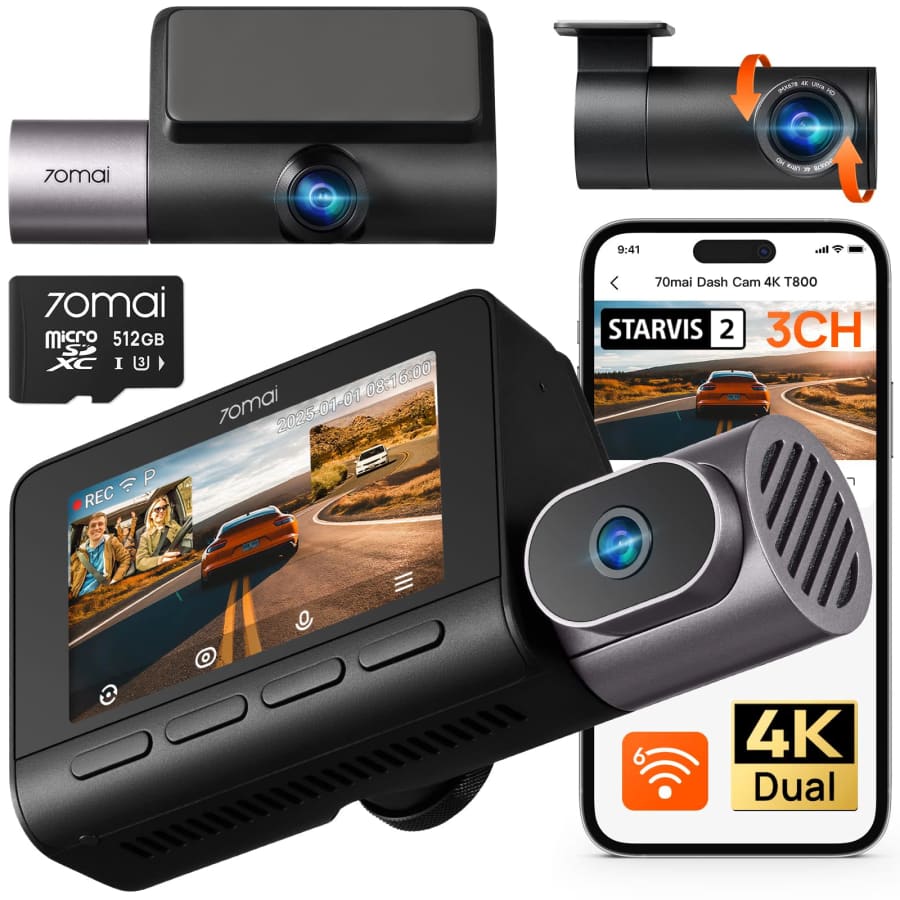 70mai T800 4K+1080p 3-Channel Triple Dash Cam for $300