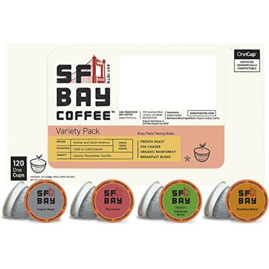 SF Bay Coffee Variety Pack 120 Ct Compostable Coffee Pods, K Cup Compatible including Keurig 2.0 for $56
