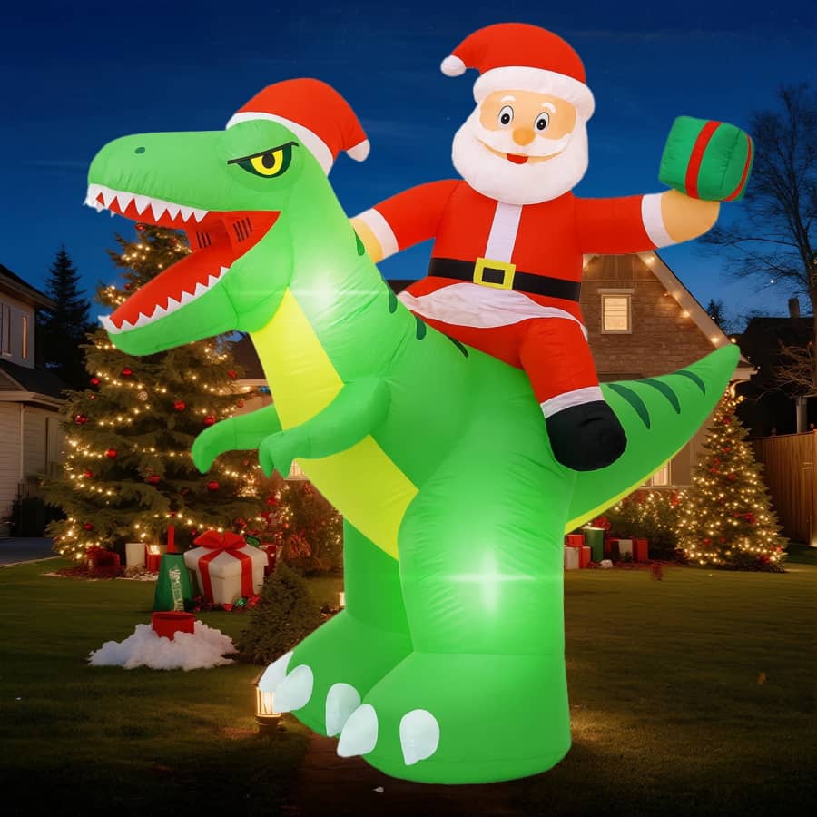 8-Foot Dinosaur with Santa Claus Inflatable Yard Decoration for $46
