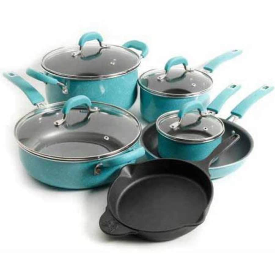 The Pioneer Woman Vintage Speckle 10 Piece Non-Stick Pre-Seasoned Cookware Set for $138