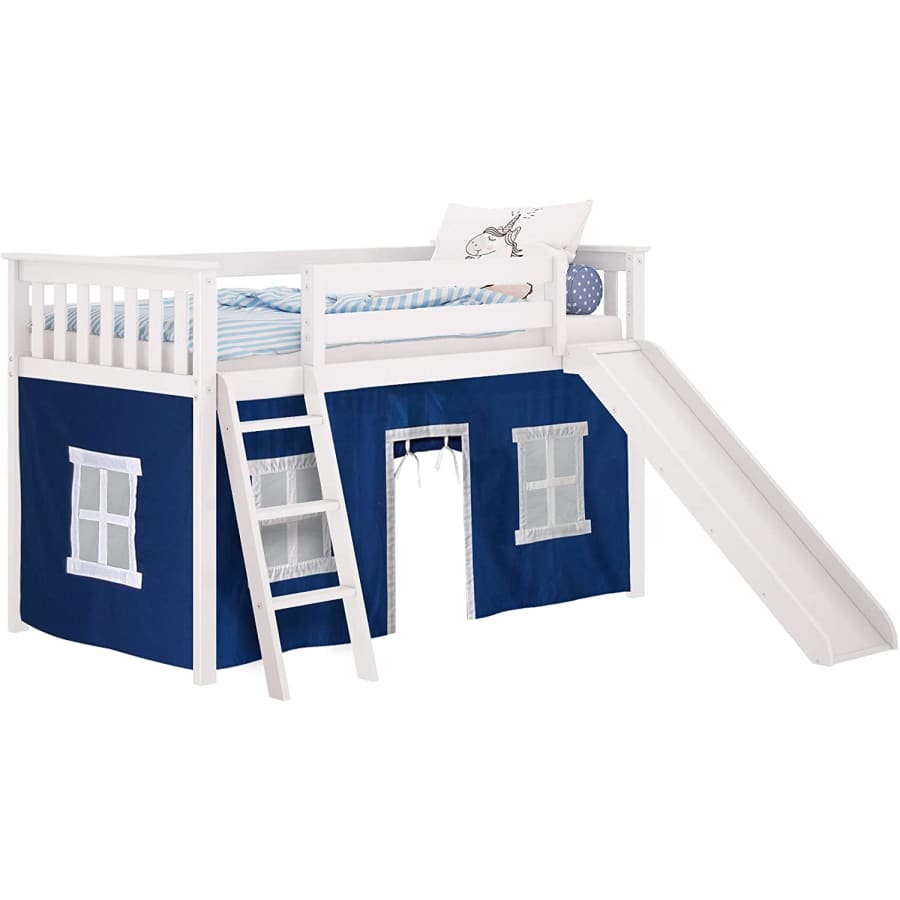 Max & Lily Twin Low Loft Bed w/ Slide and Curtains for $347 Max & Lily Twin Low Loft Bed w/ Slide and Curtains for $347