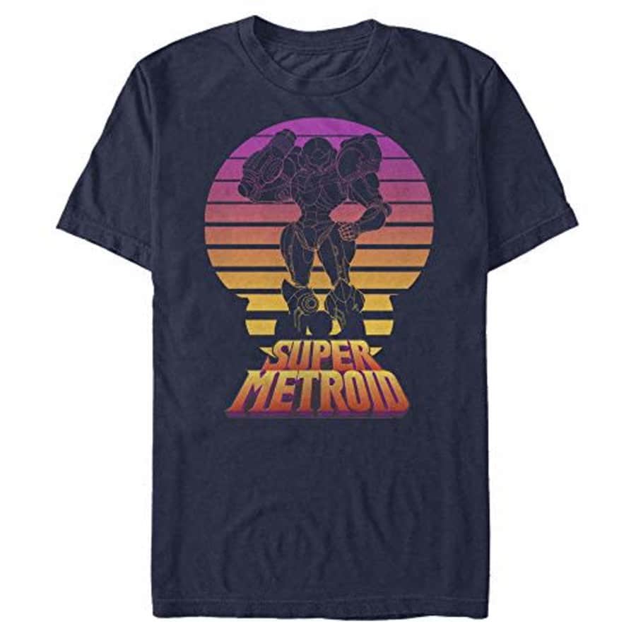 Nintendo Men's Super Metroid Samus Retro Sunset T-Shirt, Navy Blue, Medium for $16