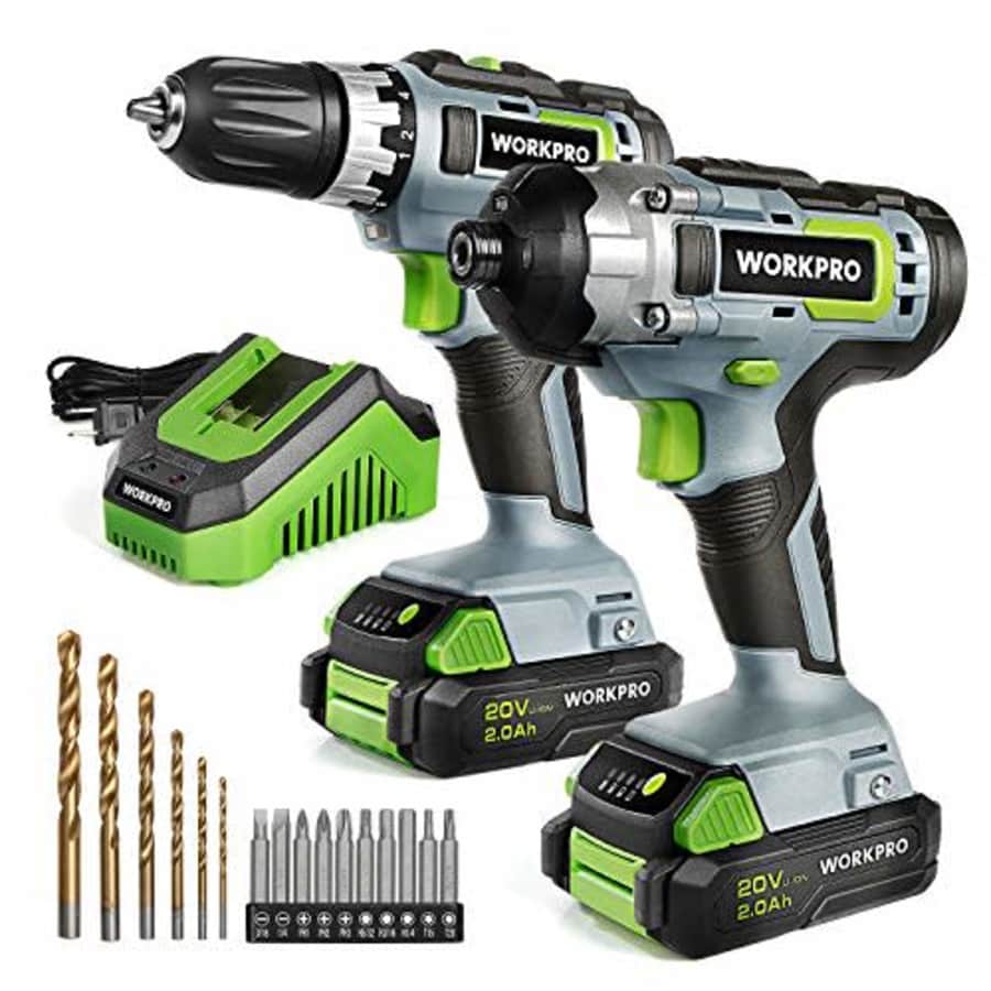 WORKPRO 20V Cordless Drill Combo Kit, Drill Driver and Impact Driver with 2x 2.0Ah Batteries and 1 for $174