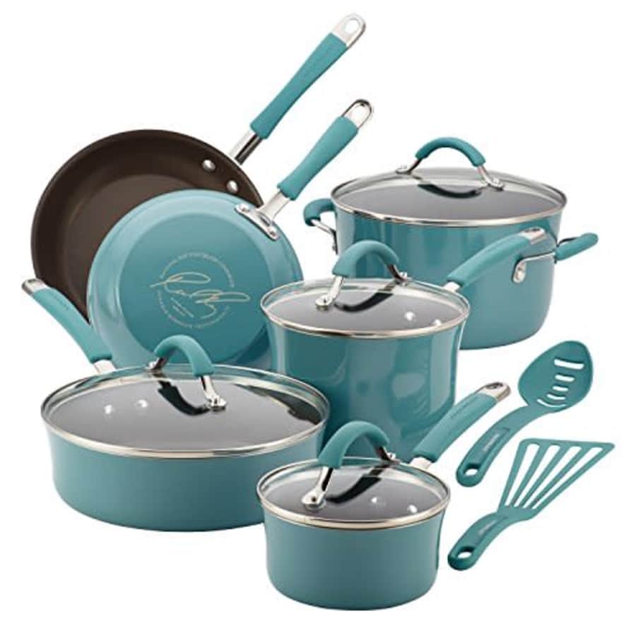 Rachael Ray Cucina Nonstick Cookware Pots and Pans Set, 12 Piece, Agave Blue for $138