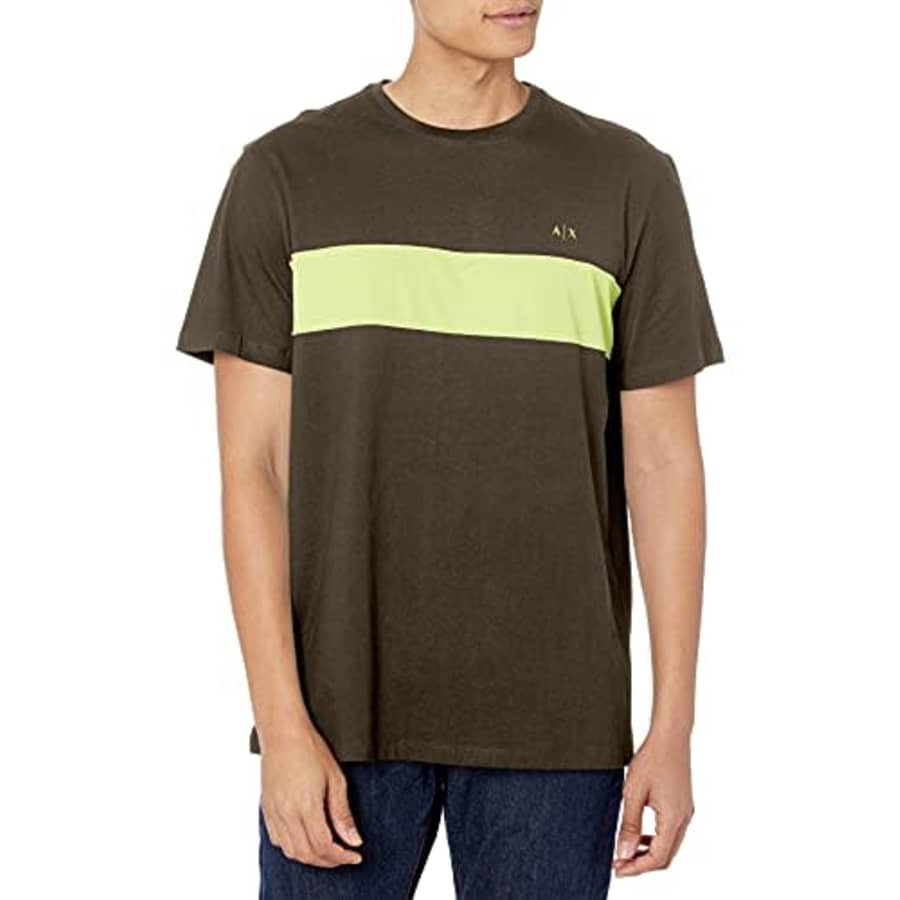 A|X Armani Exchange Men's Logo Single Stripe Cotton Jersey Short Sleeve Shirt, Truffle/Acid Lime, for $32