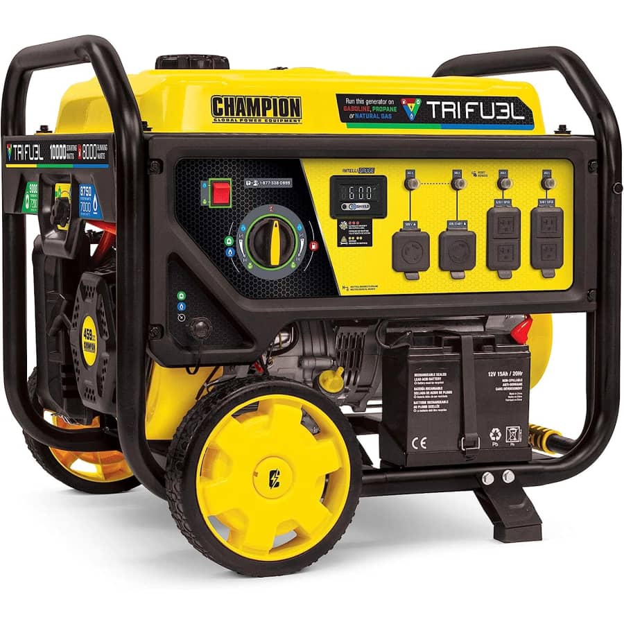 Champion Power Equipment 10,000/8,000W TRI Fuel Portable Natural Gas Generator for $1,143 Champion Power Equipment 10,000/8,000W TRI Fuel Portable Natural Gas Generator for $1,143