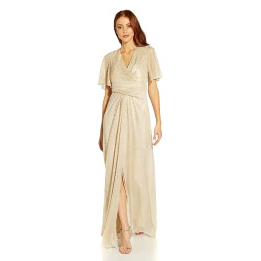 Adrianna Papell Womens Metallic Mesh Draped Gown Special Occasion Dress, Alabaster, 6 US for $171