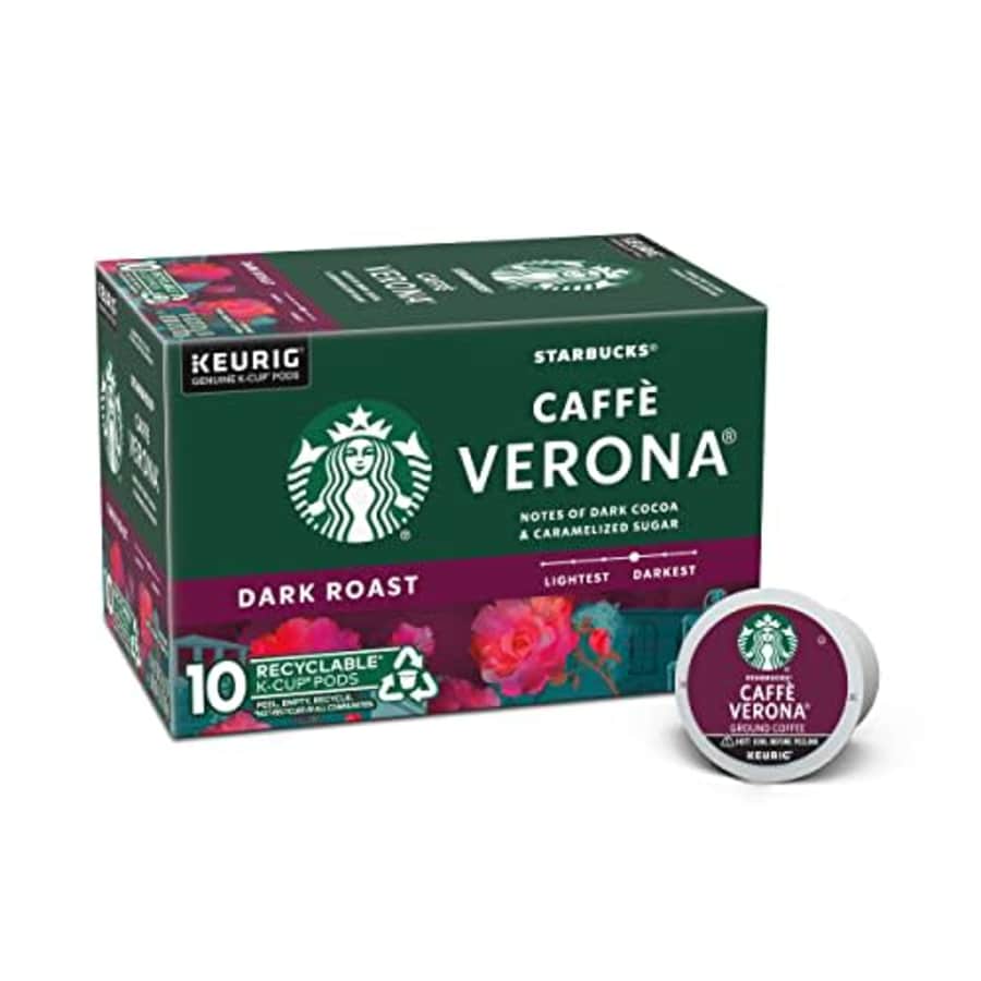 Starbucks Dark Roast K-Cup Coffee Pods Caff Verona for Keurig Brewers 1 box (10 pods) for $9 Starbucks Dark Roast K-Cup Coffee Pods Caff Verona for Keurig Brewers 1 box (10 pods) for $9