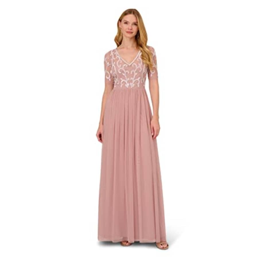 Adrianna Papell Women's Beaded MESH Covered Gown, Dusted Petal/Ivory for $134