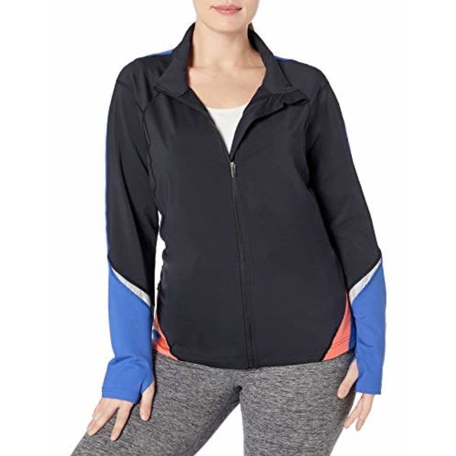 SHAPE activewear Women's Plus Size Bolt Full Zip Jacket, Caviar Black/Dazzling Blue, 1X for $16