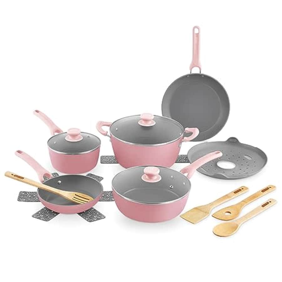DASH Dream Green Nonstick Ceramic Cookware Set, 15 Piece, Pink - Recycled Aluminum and Ceramic, for $136 DASH Dream Green Nonstick Ceramic Cookware Set, 15 Piece, Pink - Recycled Aluminum and Ceramic, for $136