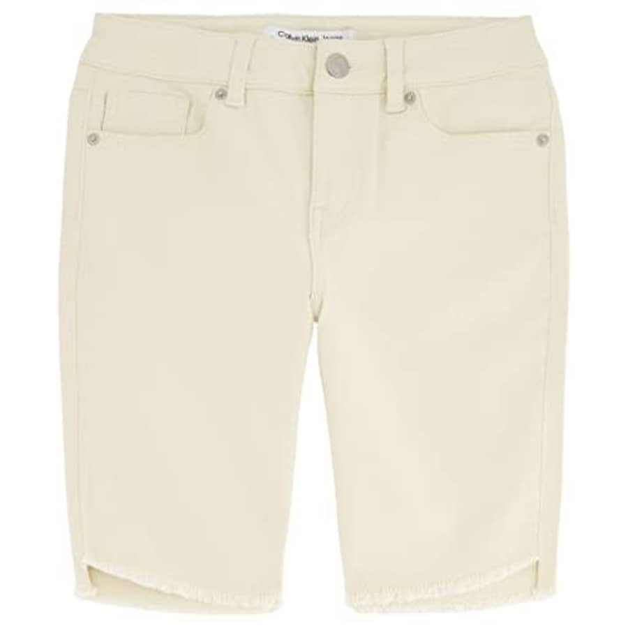 Calvin Klein Girls' Skinny Fit Stretch Denim Bermuda Shorts, Seedpearl/Slant Hem, 12 for $20