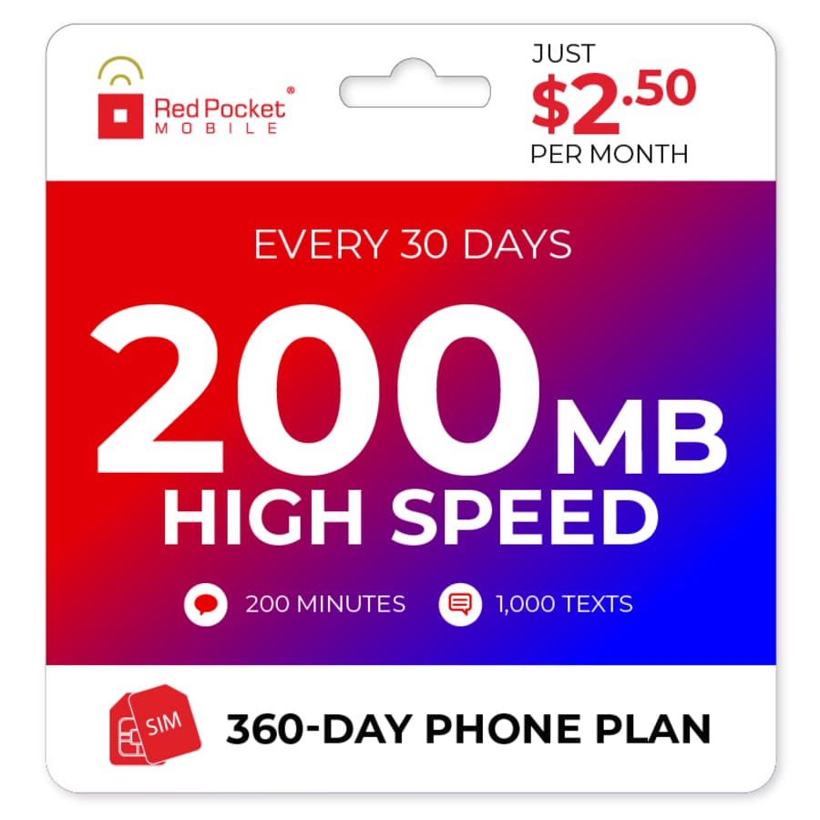 Red Pocket Mobile 1-Year + 200MB Monthly Data Prepaid Plan w/ SIM Card for $30