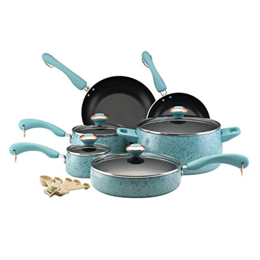 Paula Deen Signature Nonstick Cookware Pots and Pans Set, 15 Piece, Aqua Speckle for $120
