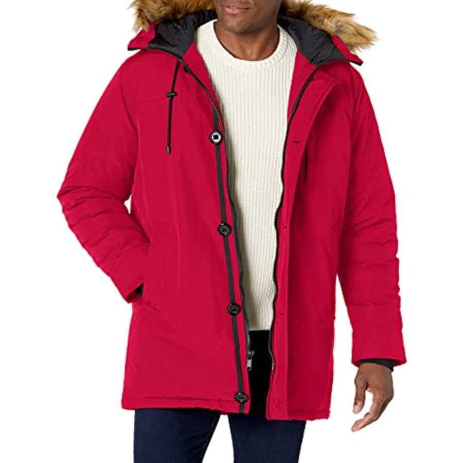 GUESS Men's Heavyweight Hooded Parka Jacket with Removable Faux Fur Trim, Red, Small for $92 GUESS Men's Heavyweight Hooded Parka Jacket with Removable Faux Fur Trim, Red, Small for $92