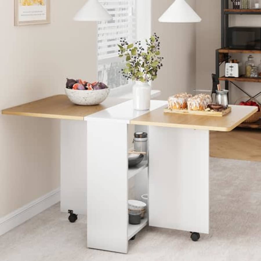 Idealhouse Space Saving Folding Dining Table with 2 Tier Storage-Extendable Drop Leaf Farmhouse Wood Kitchen for $90