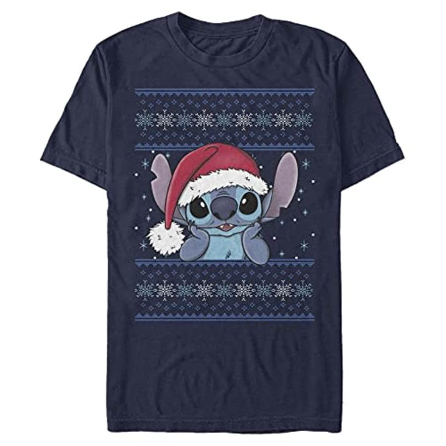 Disney Men's Lilo & Stitch Holiday Stitch Wearing Santa Hat T-Shirt, Navy Blue, Medium for $20