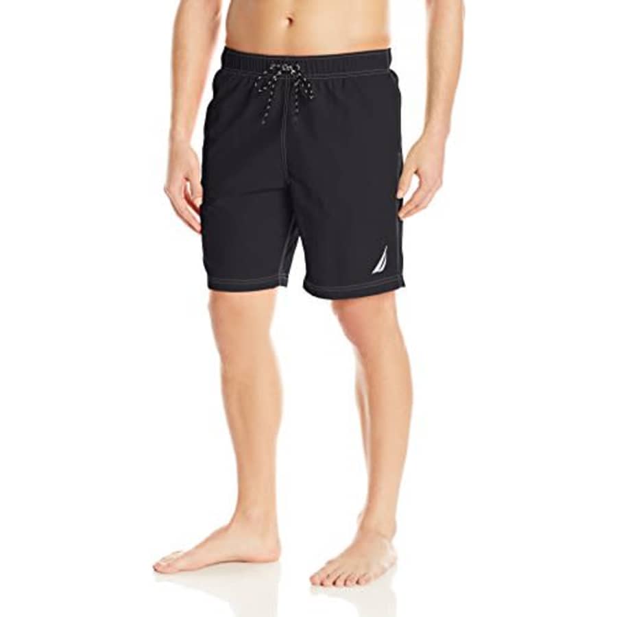 Nautica Men's Standard Solid Quick Dry Classic Logo Swim Trunk, True Black, Medium for $24