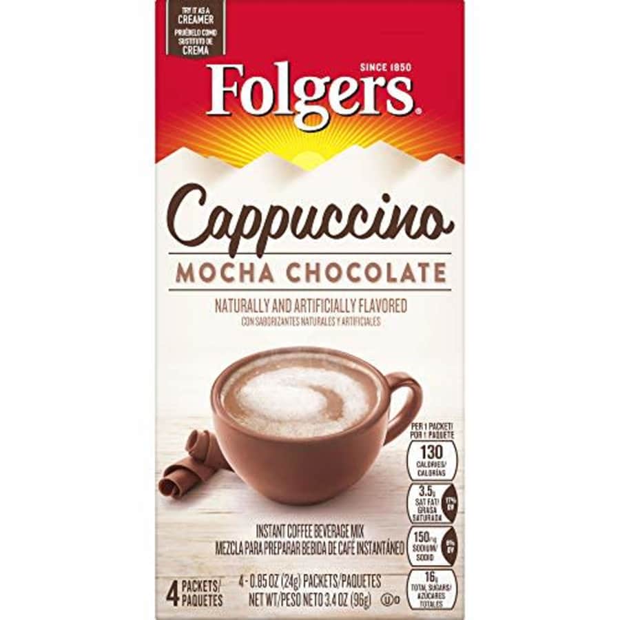 Folgers Cappuccino Mocha Chocolate Instant Coffee Beverage Mix, 4 count, pack of 8 for $30