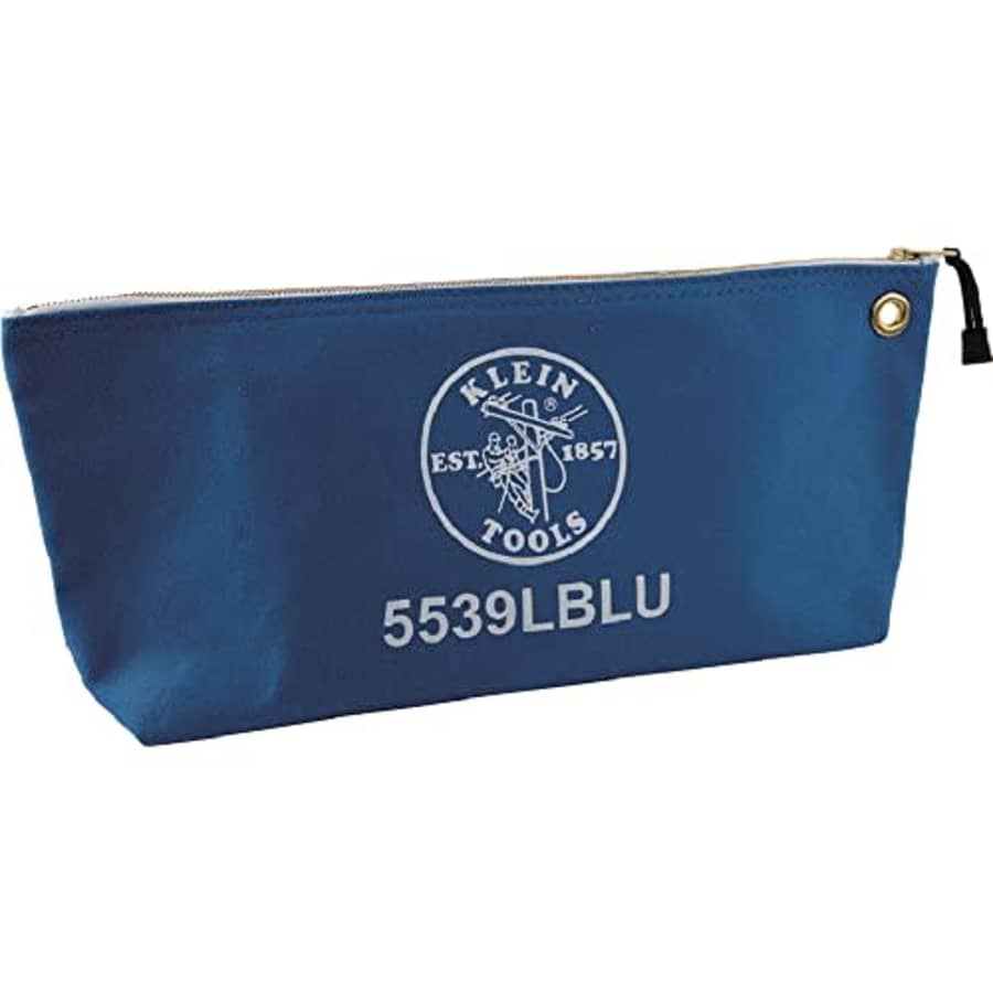 Klein Tools 5539LBLU Zipper Bag, Large 16-Inch Canvas Tool Pouch for Tool Storage with Brass for $20 Klein Tools 5539LBLU Zipper Bag, Large 16-Inch Canvas Tool Pouch for Tool Storage with Brass for $20