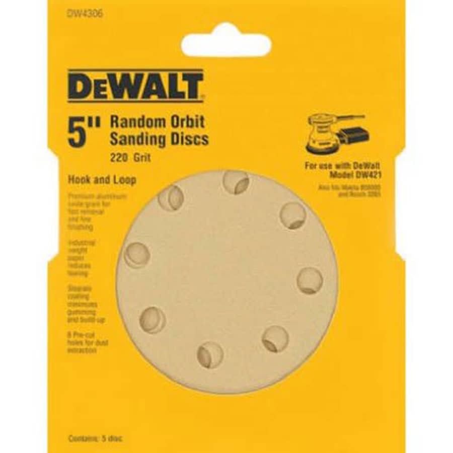 DEWALT DW4306 5-Inch 8 Hole 220 Grit Hook and Loop Random Orbit Sandpaper (5-Pack) for $7