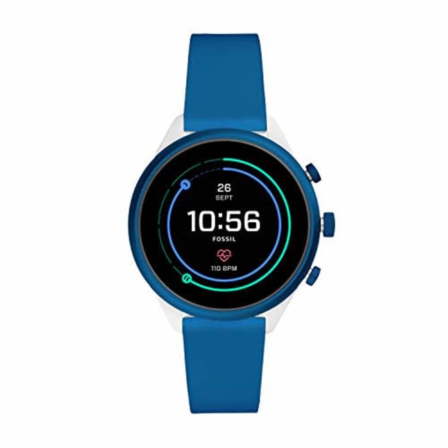 Fossil Women's Sport Heart Rate Metal and Silicone Touchscreen Smartwatch, Color: White, Blue for $170