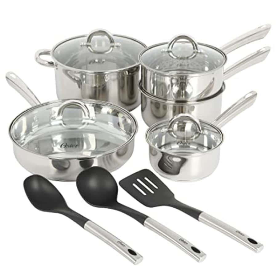 Oster Sangerfield 12 Piece Stainless Steel Cookware Set W/ Kitchen Tools for $75 Oster Sangerfield 12 Piece Stainless Steel Cookware Set W/ Kitchen Tools for $75