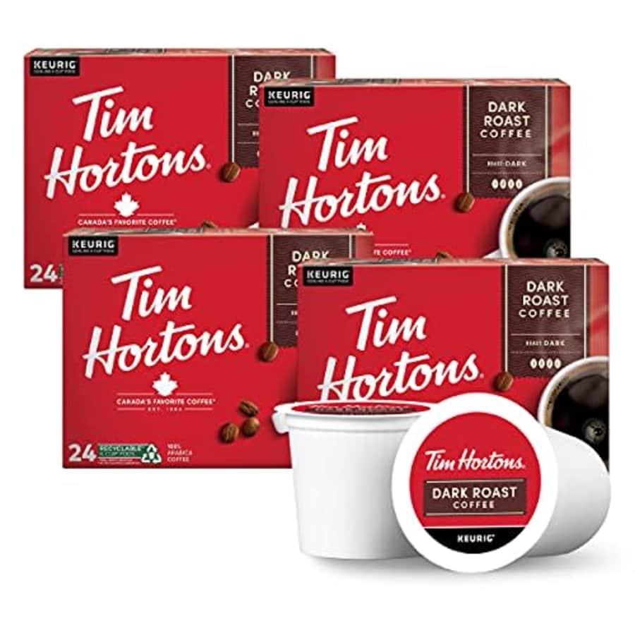 Tim Hortons Dark Roast Coffee, Single-Serve K-Cup Pods Compatible with Keurig Brewers, 96ct K-Cups, for $53 Tim Hortons Dark Roast Coffee, Single-Serve K-Cup Pods Compatible with Keurig Brewers, 96ct K-Cups, for $53