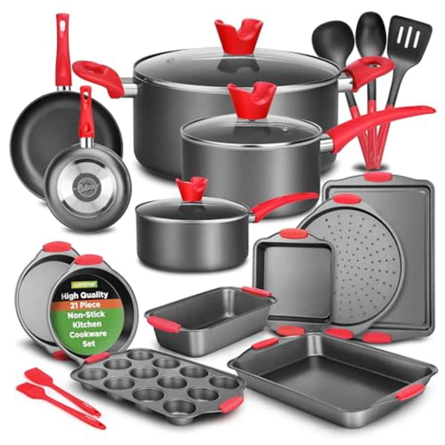 NutriChef 21-Piece Nonstick Cookware & Bakeware Set - Includes Saucepans, Skillets, Baking Pans, for $106