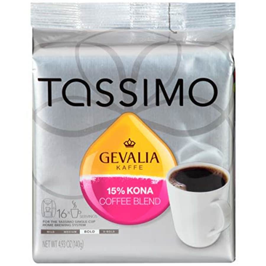 Gevalia 15% Kona Blend Bold Roast Coffee T-Discs for Tassimo Brewing Systems (16 T-Discs) for $41 Gevalia 15% Kona Blend Bold Roast Coffee T-Discs for Tassimo Brewing Systems (16 T-Discs) for $41