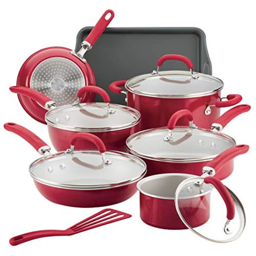 Rachael Ray Create Delicious Nonstick Cookware Pots and Pans Set, 13 Piece, Red Shimmer for $119